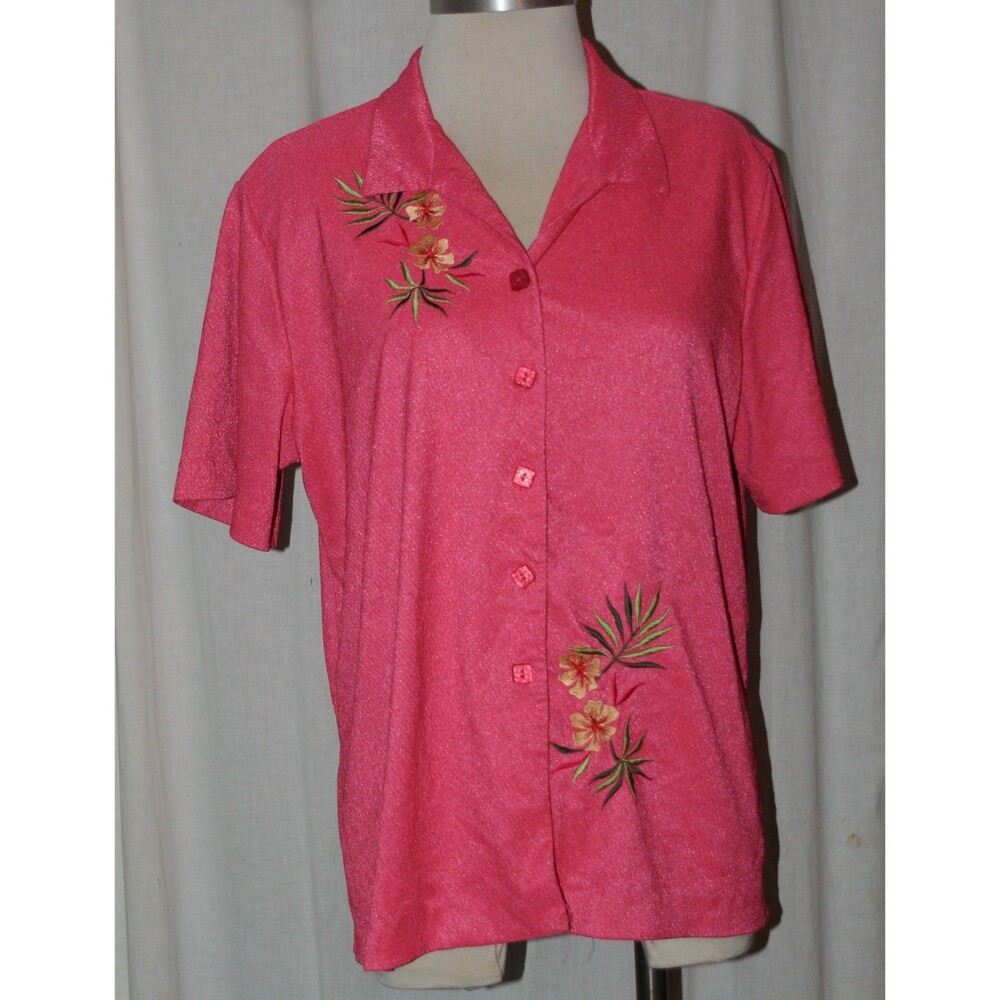 Women's Southern Lady Pink Floral Embroidered Button Down Top Size XL